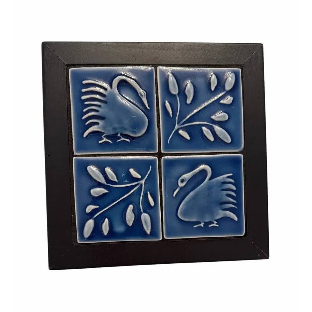 Vintage SWAN Wood Ceramic Tile TRIVET Wall Art Decor Blue 3710/67